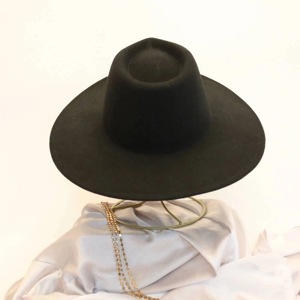 Back right view of ebony crown adjustable satin lined black fedora.
