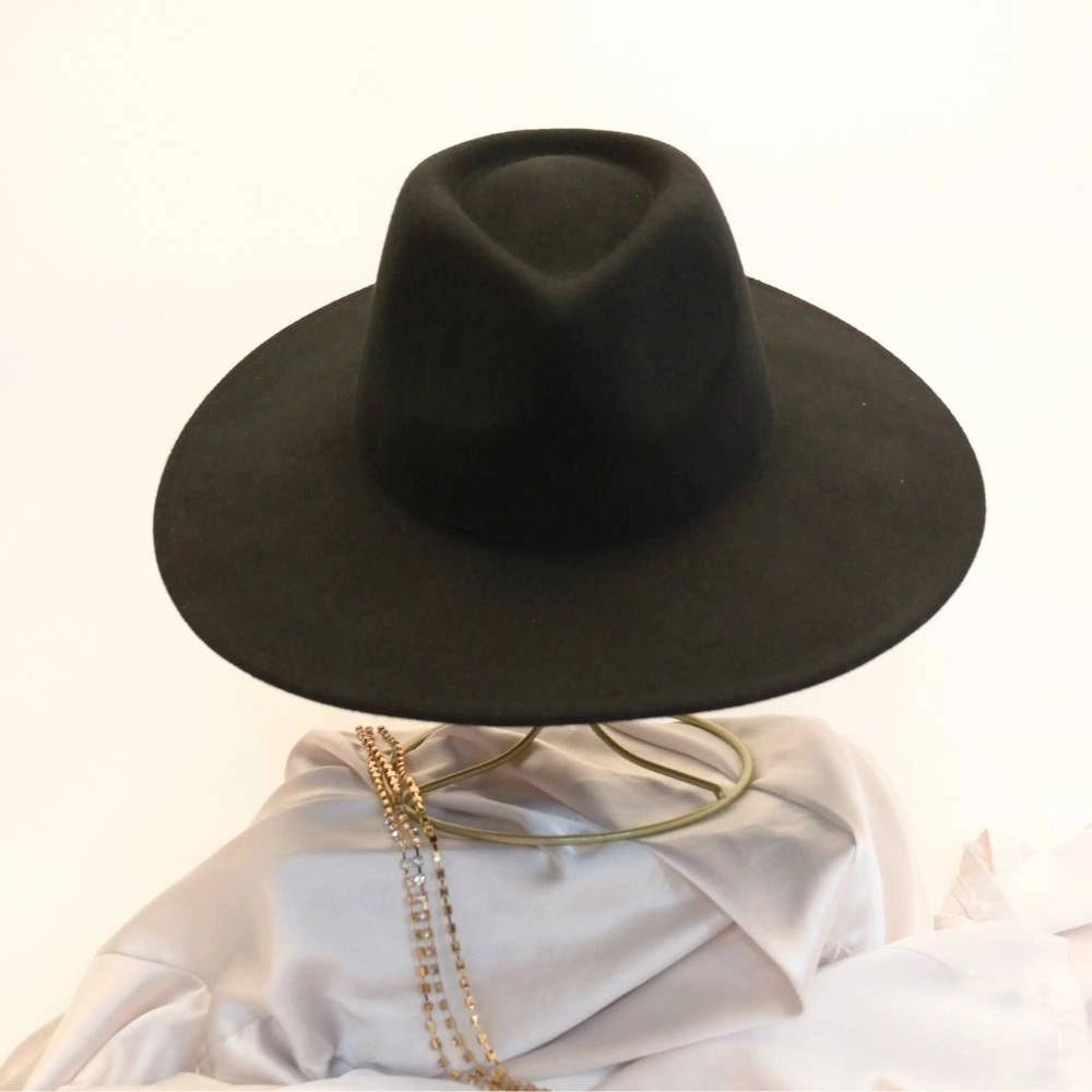Front view of ebony crown adjustable satin lined black fedora.
