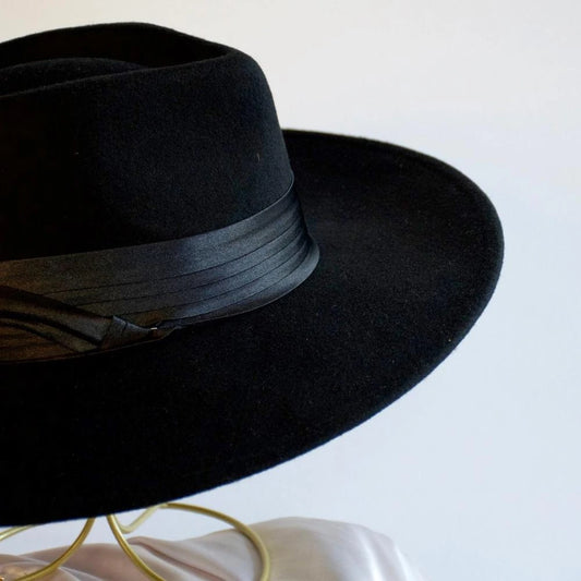 A close up of the midnight satin hat band on the ebony crown fedora.